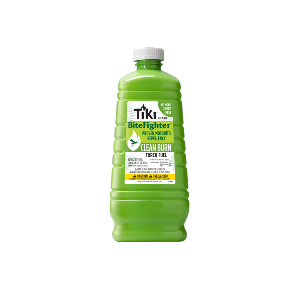 Green bottle of TIKI BiteFighter Clean Burn Torch Fuel, mosquito repellent for outdoor use.