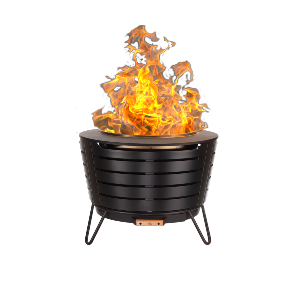 Black metal TIKI® fire pit with bright flames, shown on a white background. Safe for outdoor gatherings.