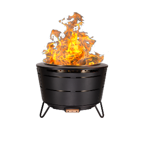 Black metal fire pit with bright flames, designed for outdoor use. Safe, sturdy, and easy to assemble.