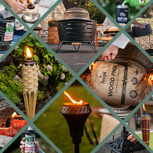 Collage of TIKI Brand fire pits, torches, fuel, and accessories for outdoor gatherings and backyard ambiance.
