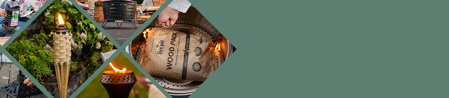 Collage of TIKI Brand products: torches, fire pit, fuel, and wood pack for outdoor ambiance and backyard gatherings.