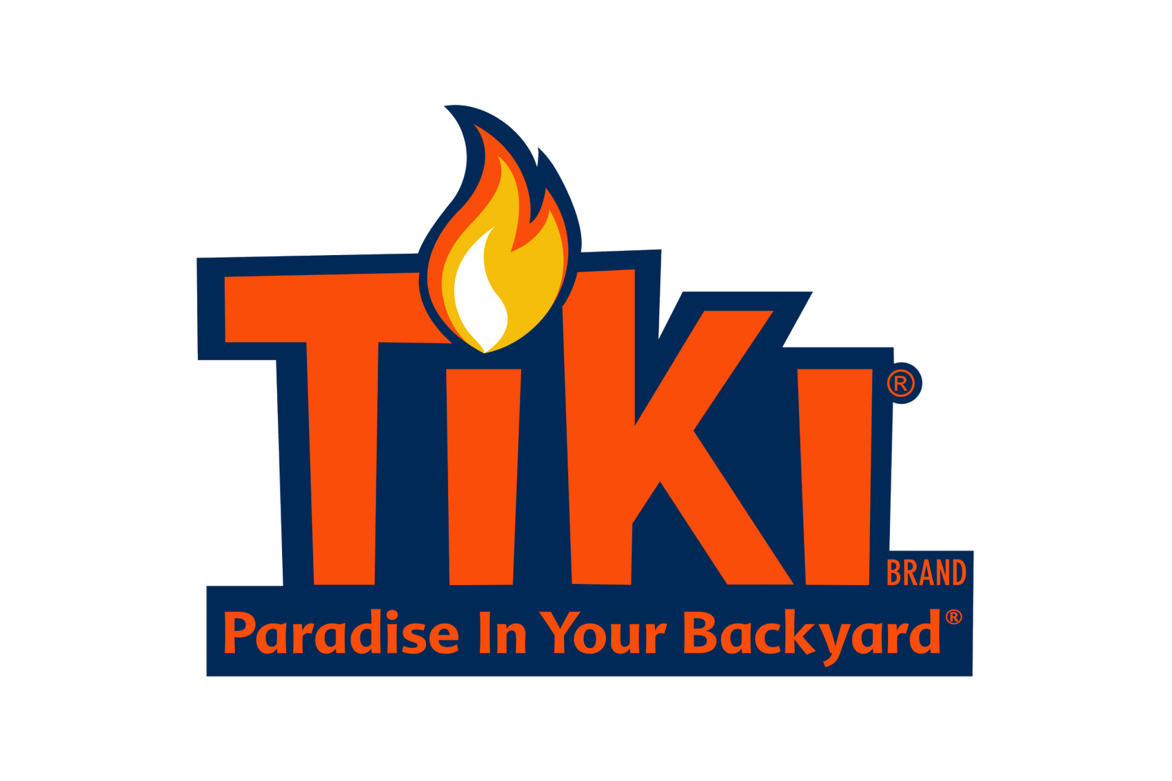 TIKI Brand logo with a flame above the "I" and tagline "Paradise In Your Backyard" in bold orange and navy colors.