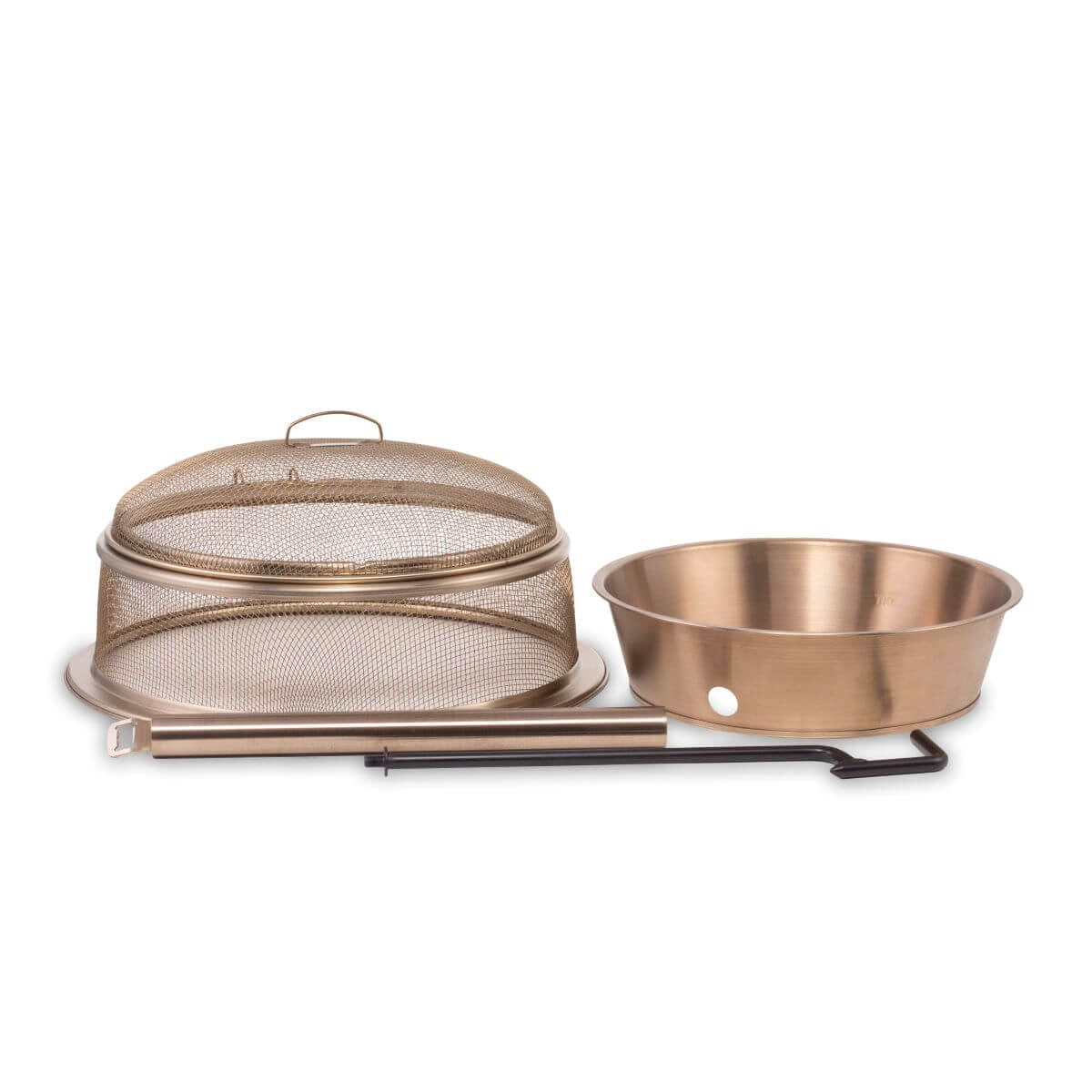 Bronze mesh grill set with pan and tools.