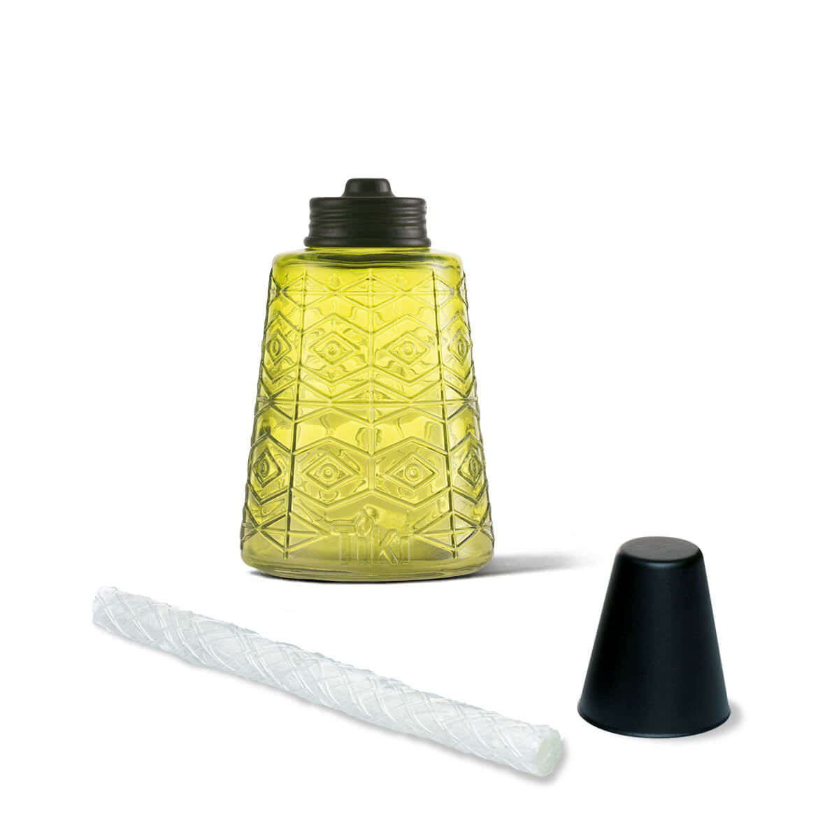 Yellow geometric-patterned water bottle with black lid and straw.