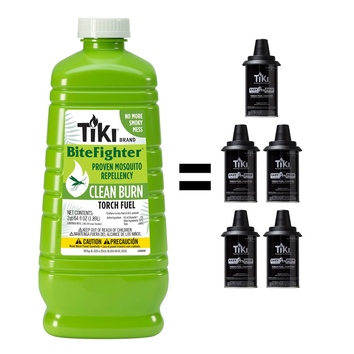 Green Tiki BiteFighter Torch Fuel bottle equals four black Tiki torch fuel canisters.