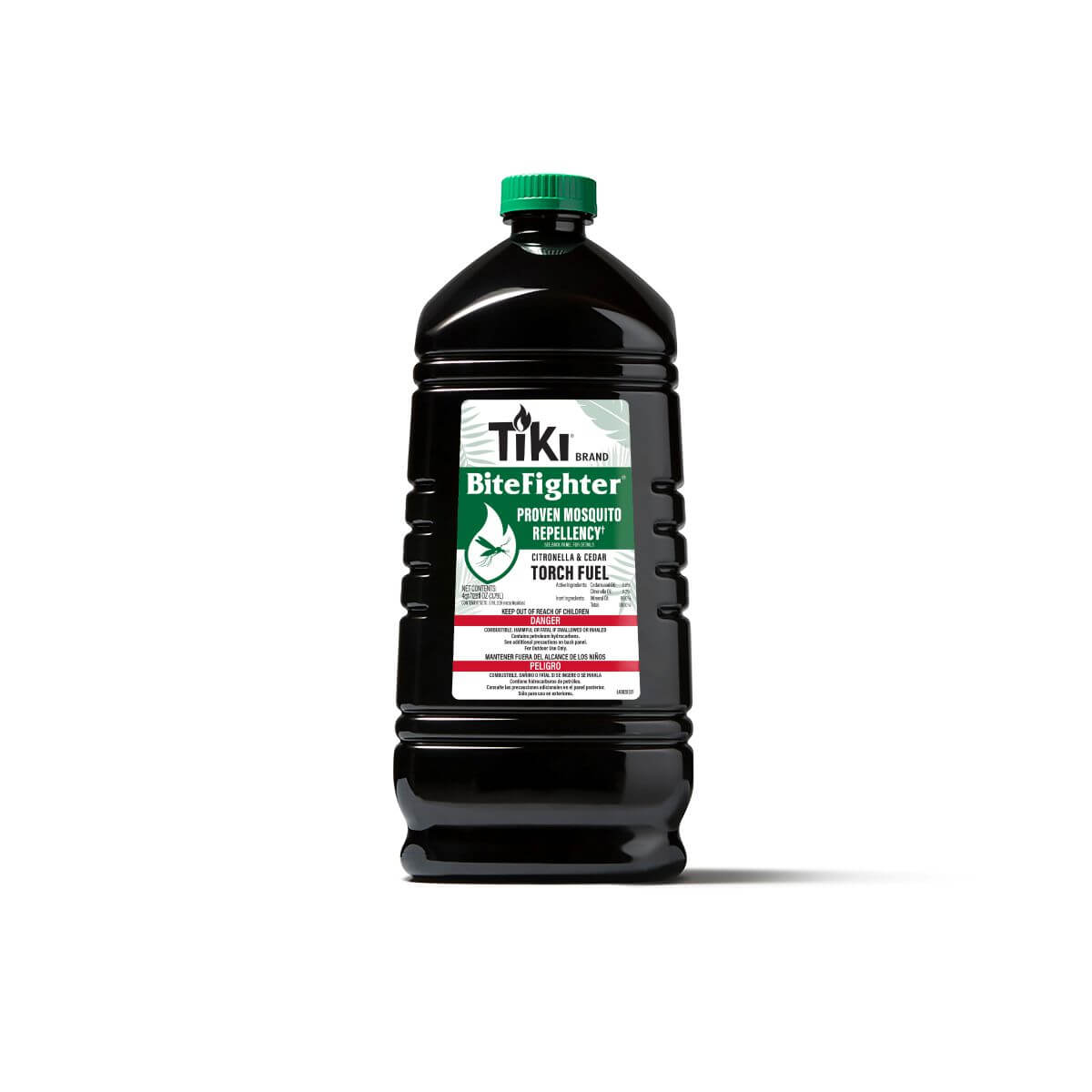 Black Tiki Brand BiteFighter Citronella & Cedar Torch Fuel bottle with green cap.