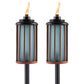 Blue Tiki torches with copper frames and black bases, lit flames.