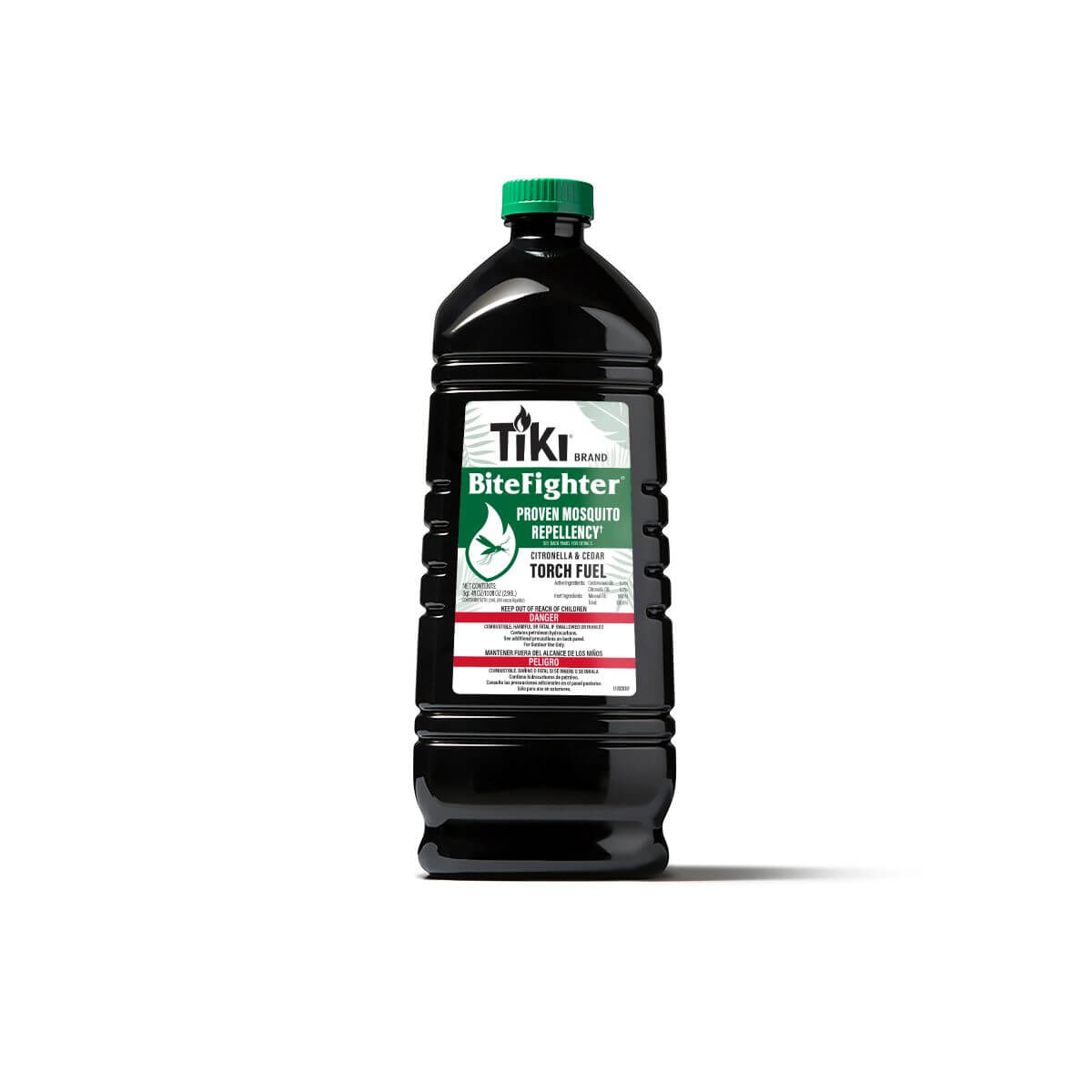 Black TIKI BiteFighter mosquito repellent torch fuel bottle with green cap.