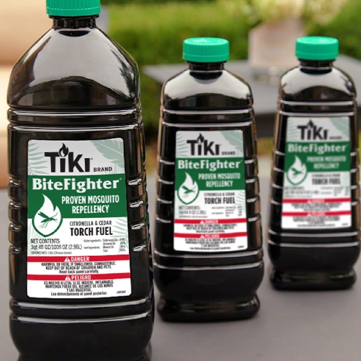 Black TIKI BiteFighter mosquito repellent torch fuel in various sizes.