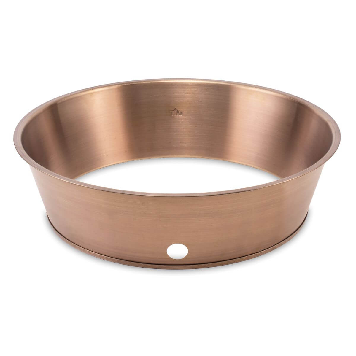 Copper round baking pan with single hole on side.
