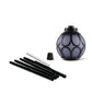 Purple and black geometric-patterned lantern with stand, lid, and cleaning tools.