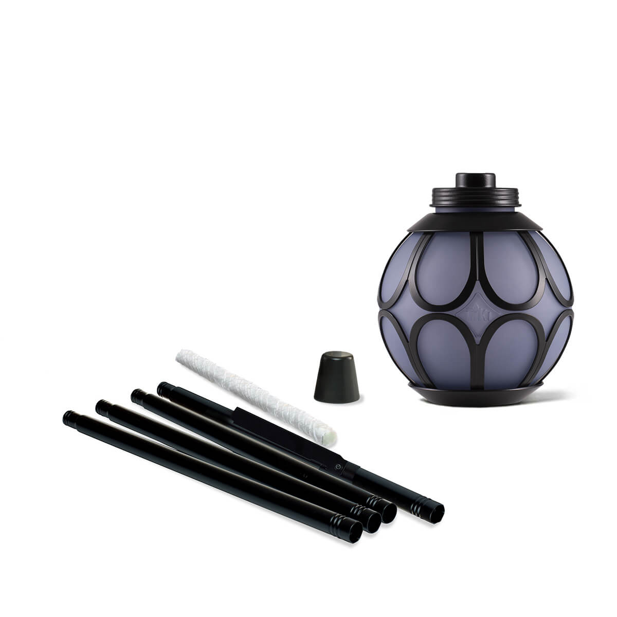 Purple and black geometric-patterned lantern with stand, lid, and cleaning tools.