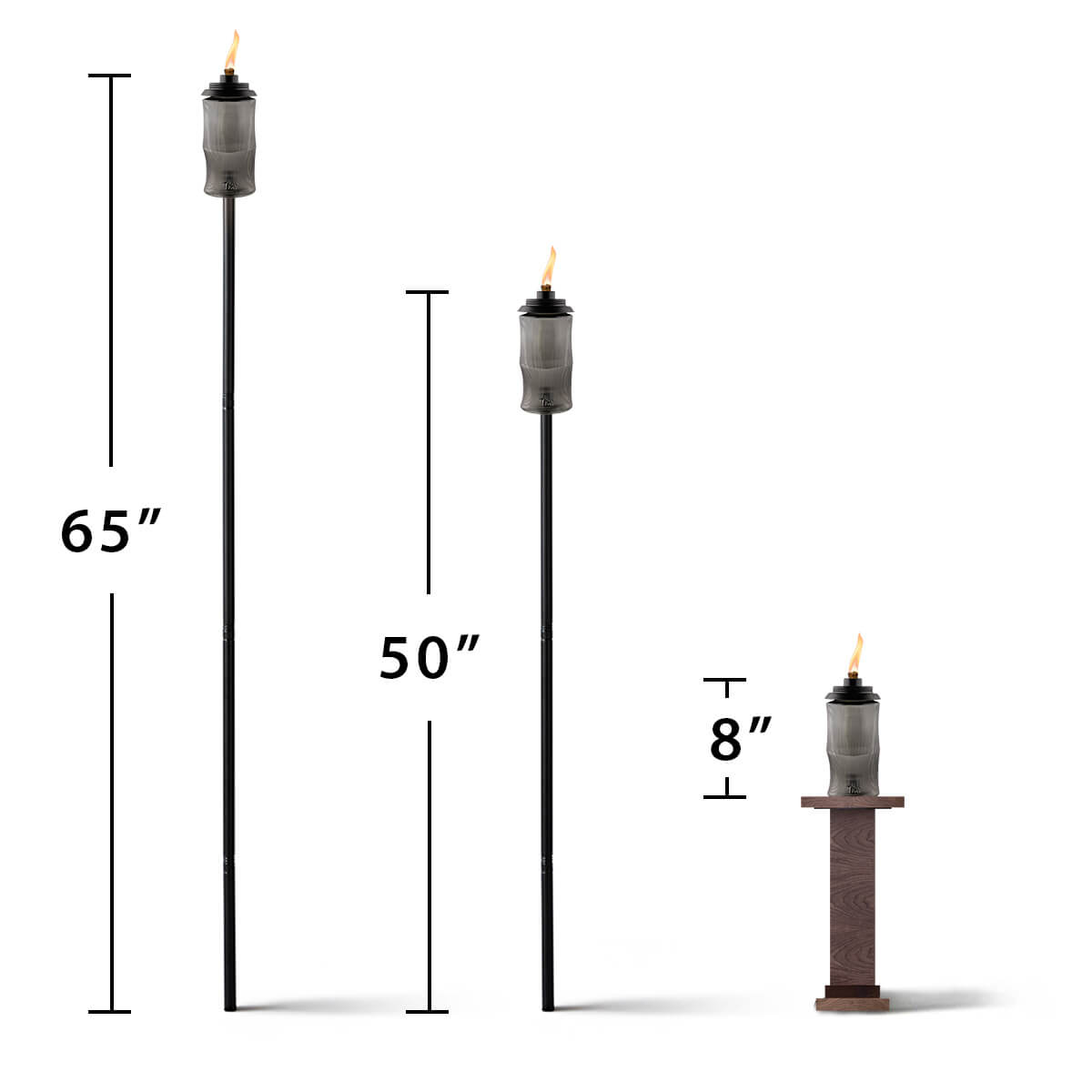 Tall black torches in three sizes: 65", 50", and 8".