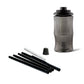 Gray Tiki water bottle with black lid, straw, and filter.