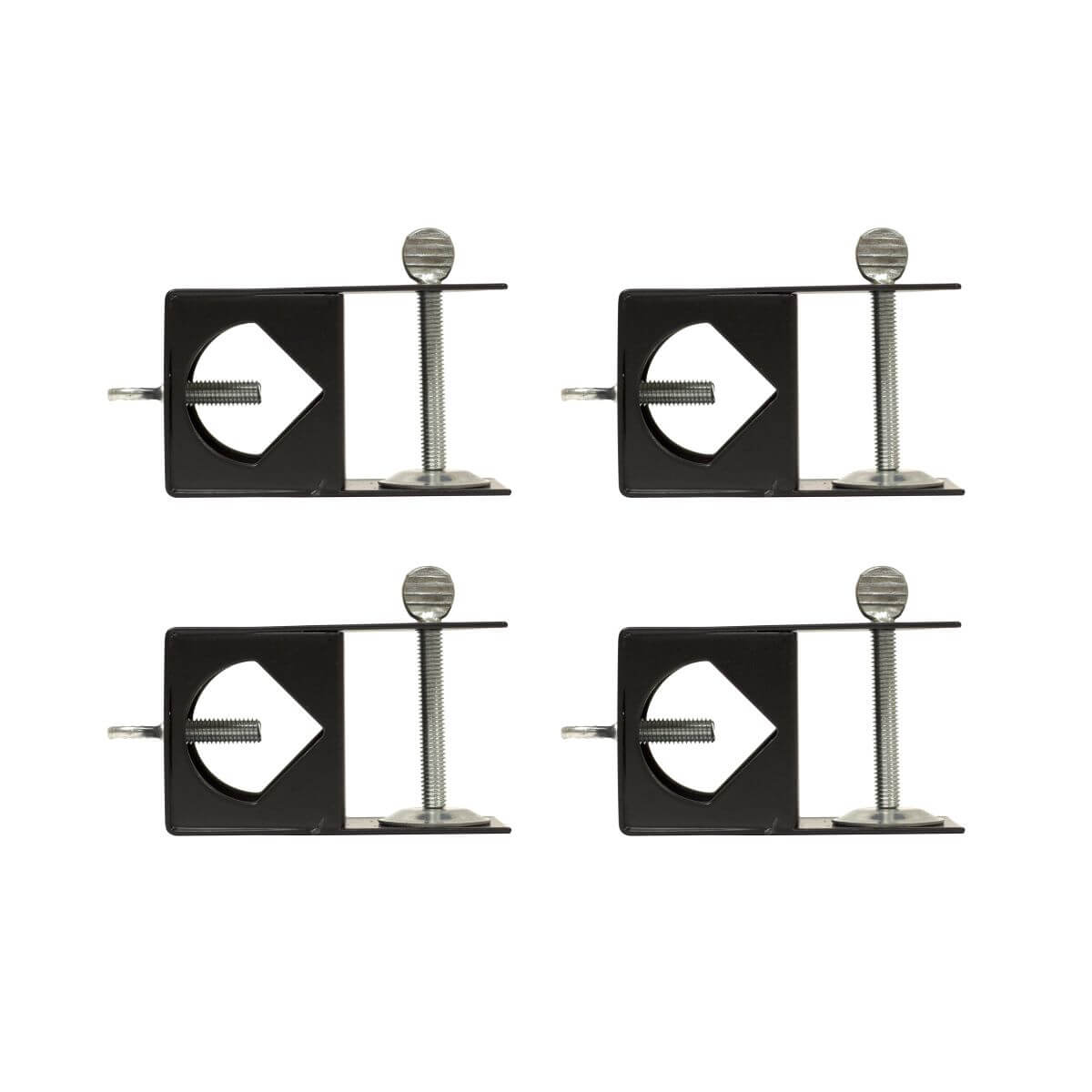 Four black metal brackets with silver screws and diamond-shaped cutouts.