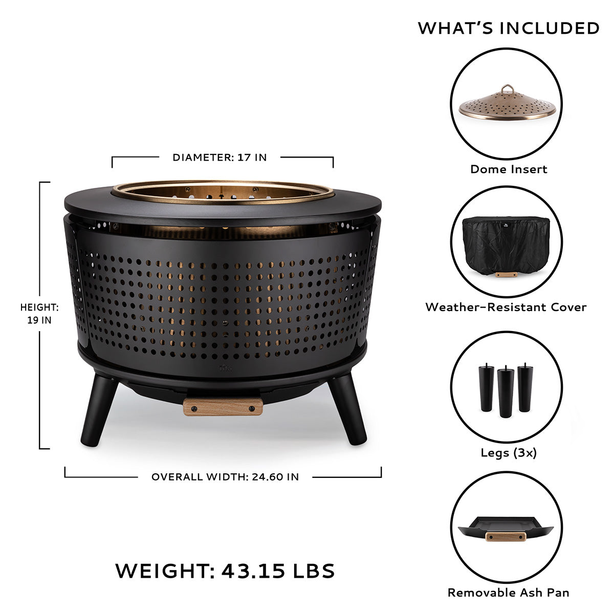 Black outdoor fire pit with dome insert, weather-resistant cover, legs, and ash pan.