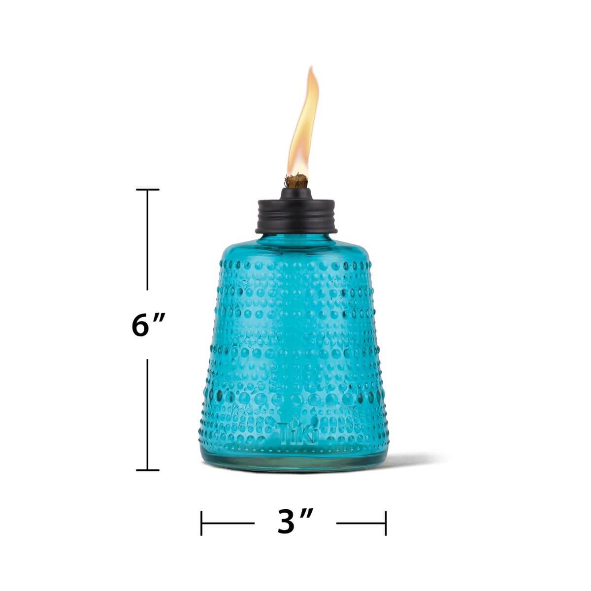 Blue Tiki torch, 6" tall, 3" wide, with flame.