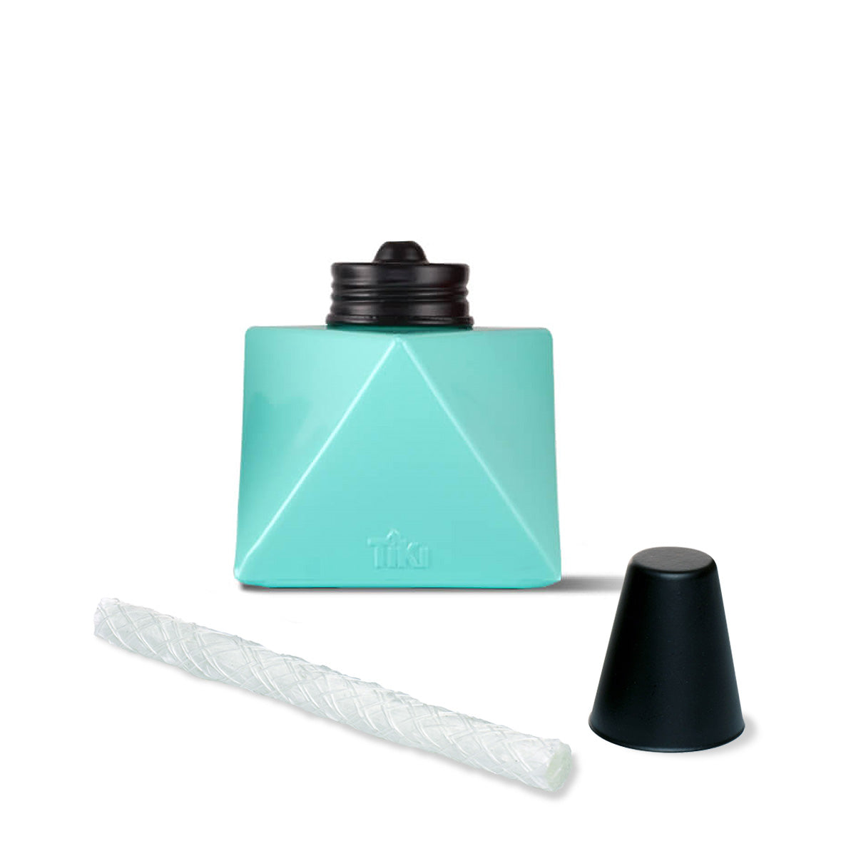 Mint green Tiko water bottle with black lid and straw.