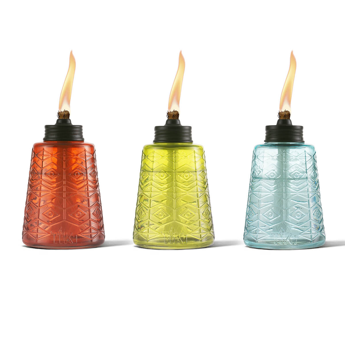 Set of three Tiki torches in orange, yellow, and blue glass with geometric designs.
