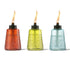 Set of three Tiki torches in orange, yellow, and blue glass with geometric designs.