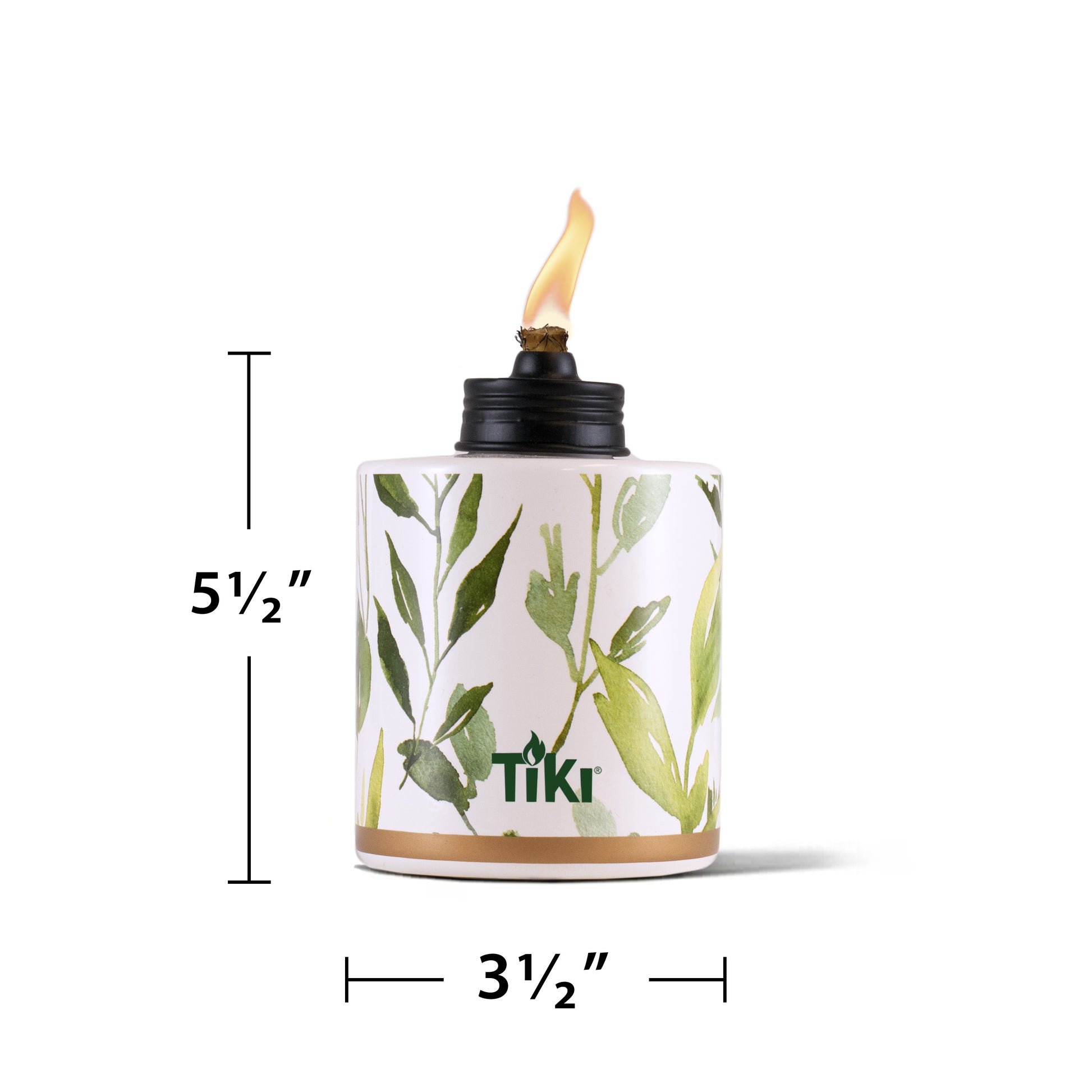 White Tiki torch with green leaf design, 5½" tall, 3½" wide.