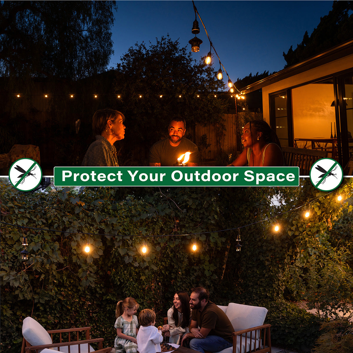 Green sign with text "Protect Your Outdoor Space" and mosquito icons, promoting outdoor pest control.