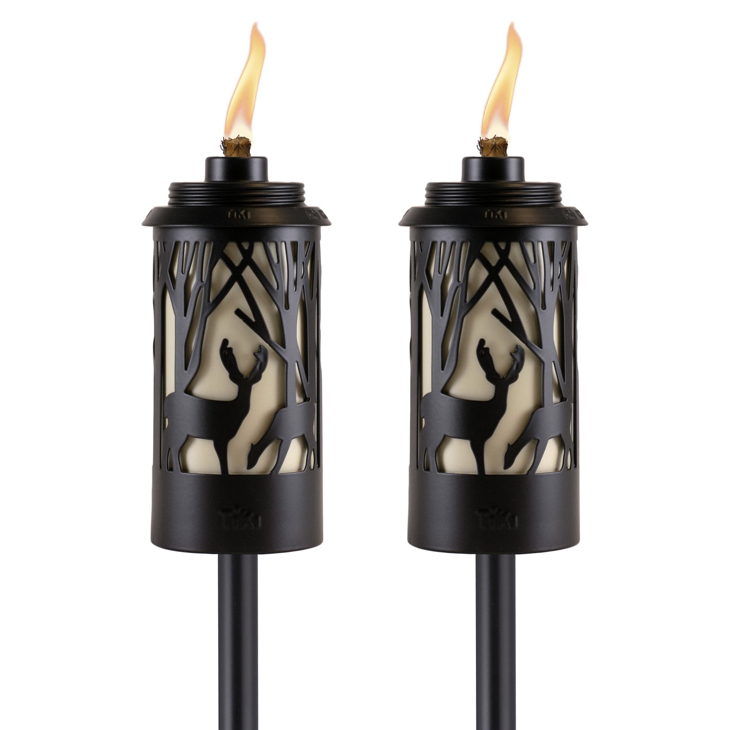 Black Tiki torches with deer and tree designs, flame lit.