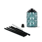 Outdoor torch kit with a geometric blue glass fuel canister and black pole segments, includes wick and cap.