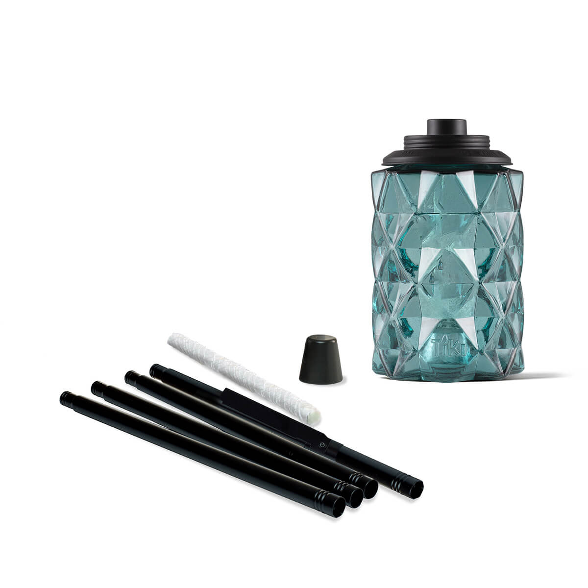 Outdoor torch kit with a geometric blue glass fuel canister and black pole segments, includes wick and cap.
