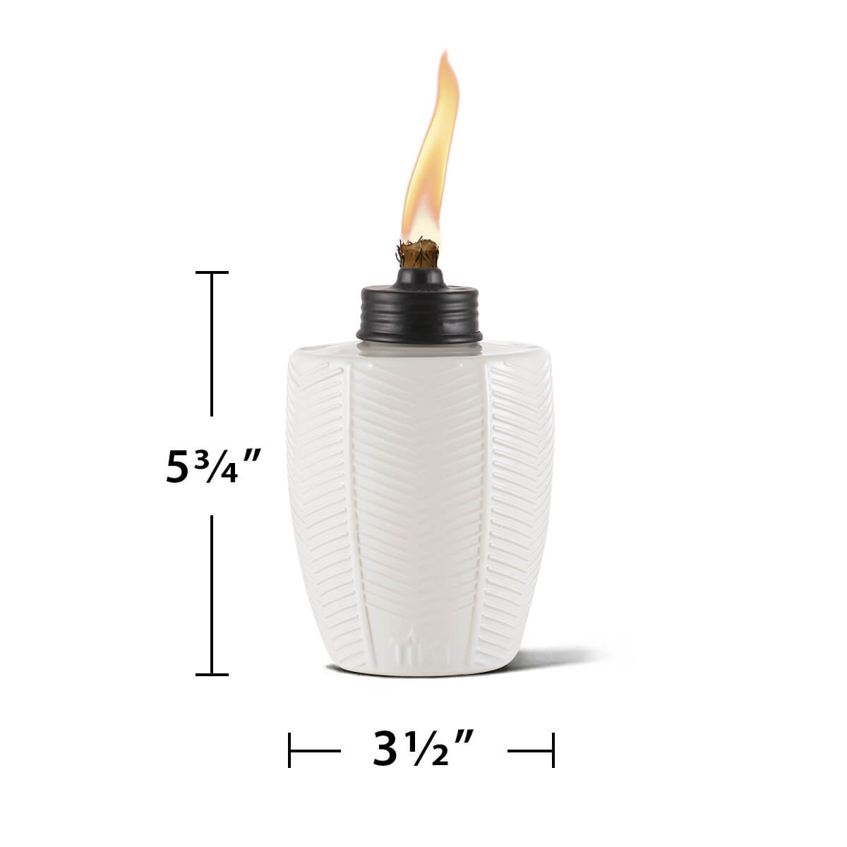 White tiki torch with flame, 5 3/4" tall, 3 1/2" wide.