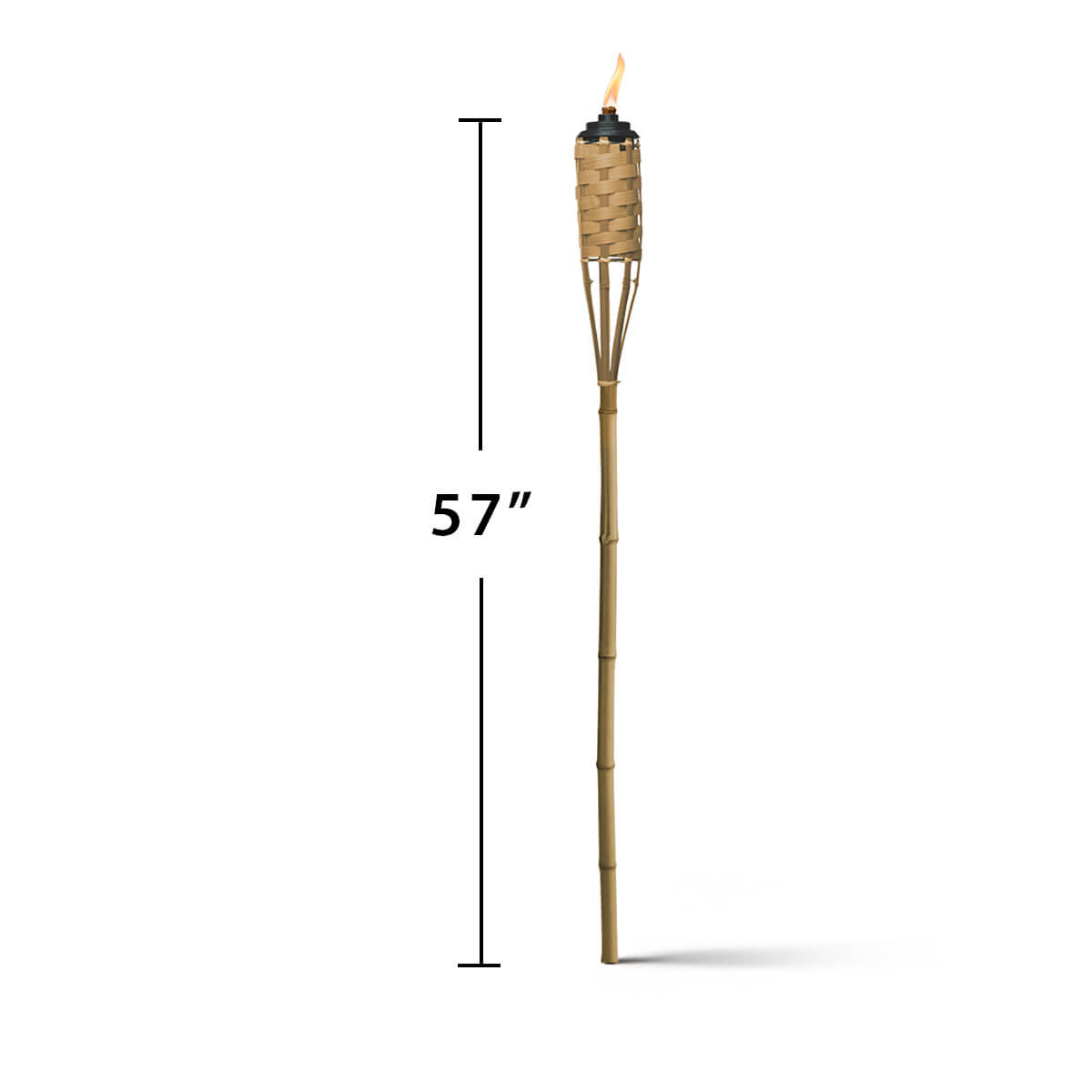 57" tall bamboo torch with woven top and flame.