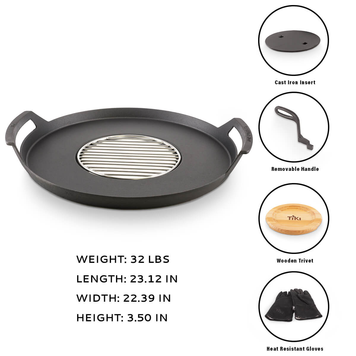 "Black cast iron grill pan with wooden rivet, removable handle, and heat-resistant gloves."