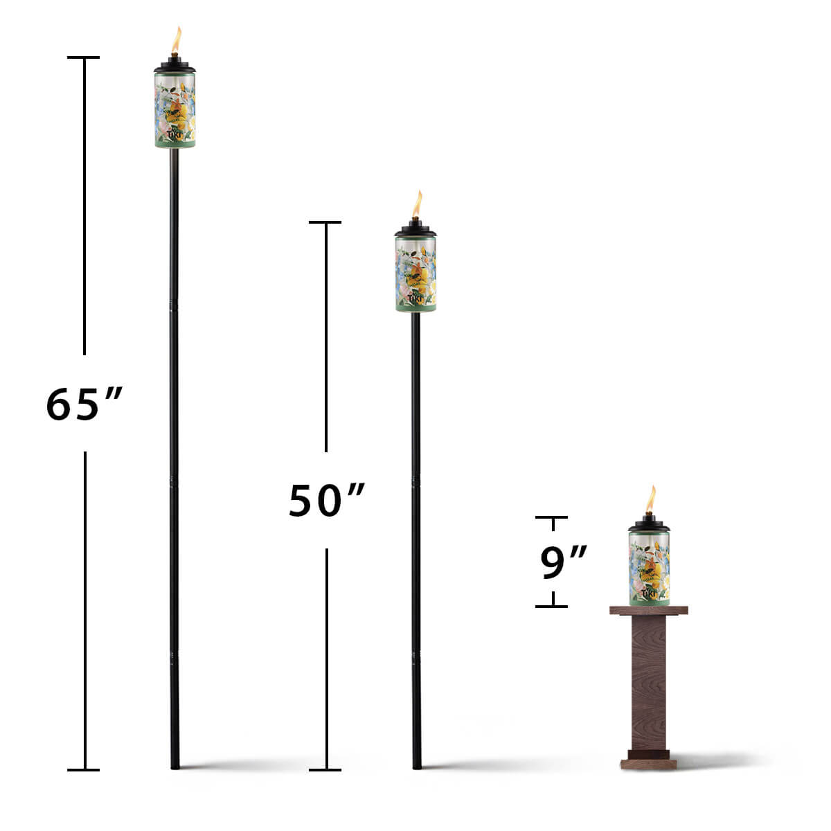 Tiki torches in various sizes: 65", 50", and 9", with colorful designs.