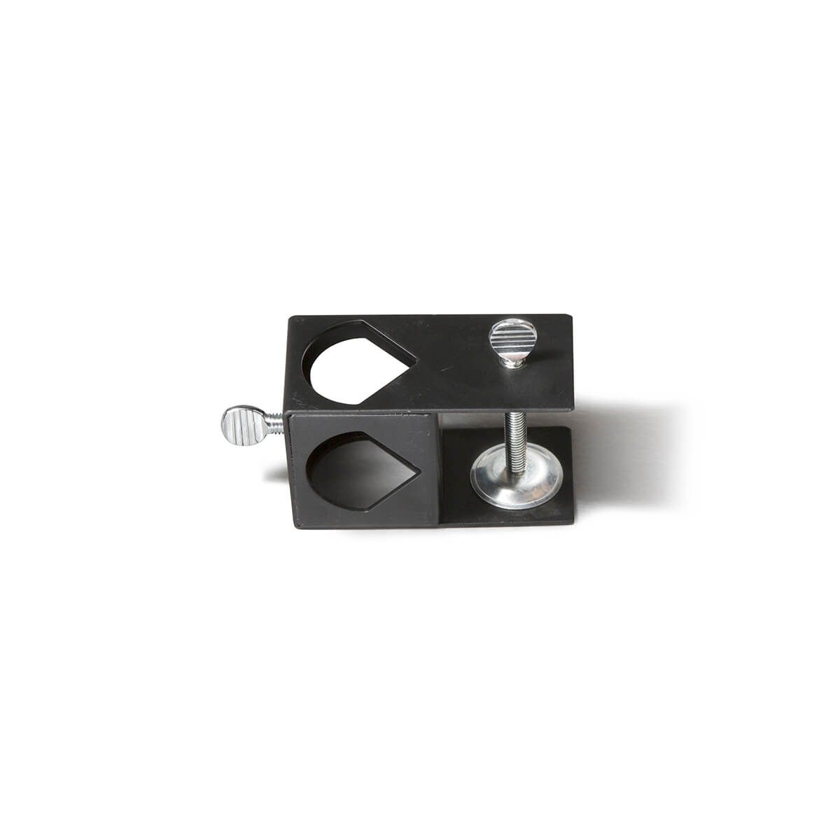 Black L-bracket clamp with silver screws for mounting equipment.