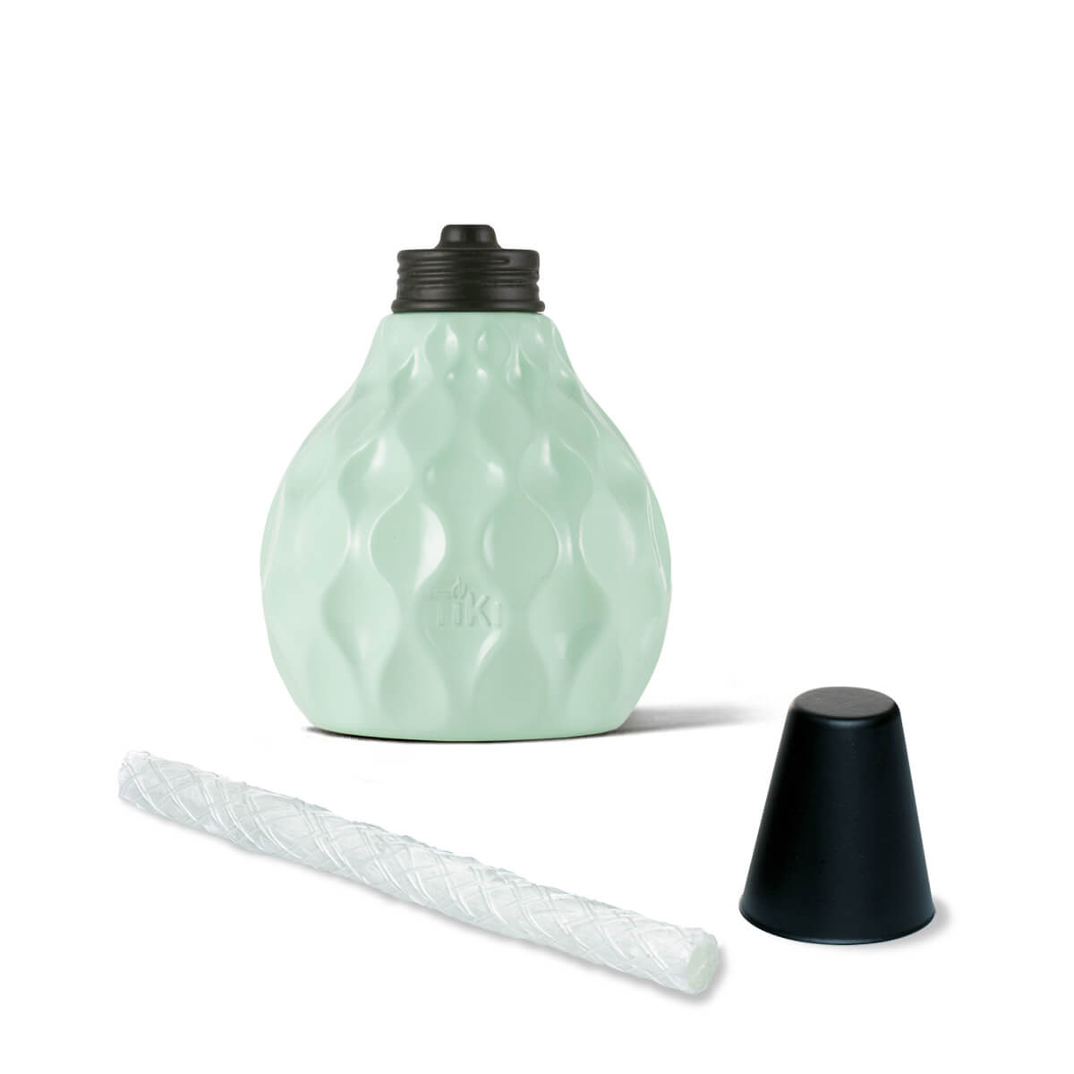 Mint green textured candle holder with black lid and wick.