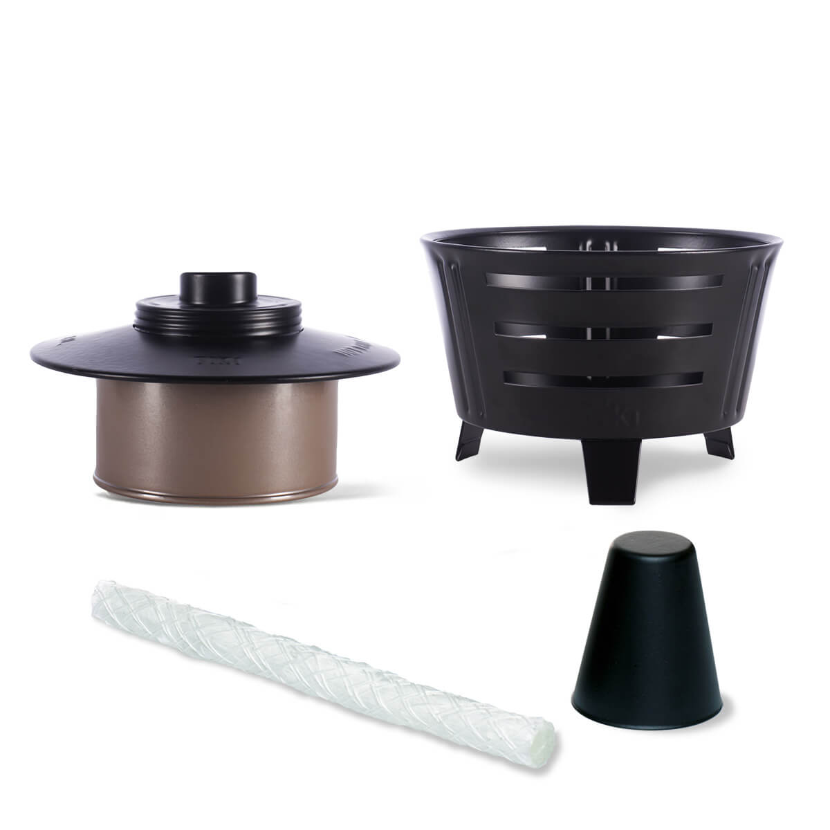 Black and bronze outdoor fire pit set with lid and stand.
