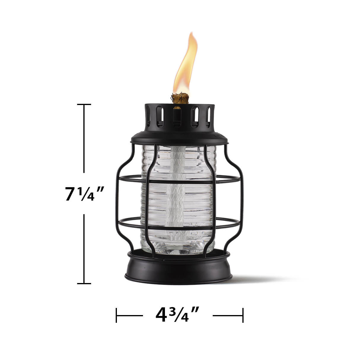 Black lantern with glass jar, 7 1/4" tall, flame lit.