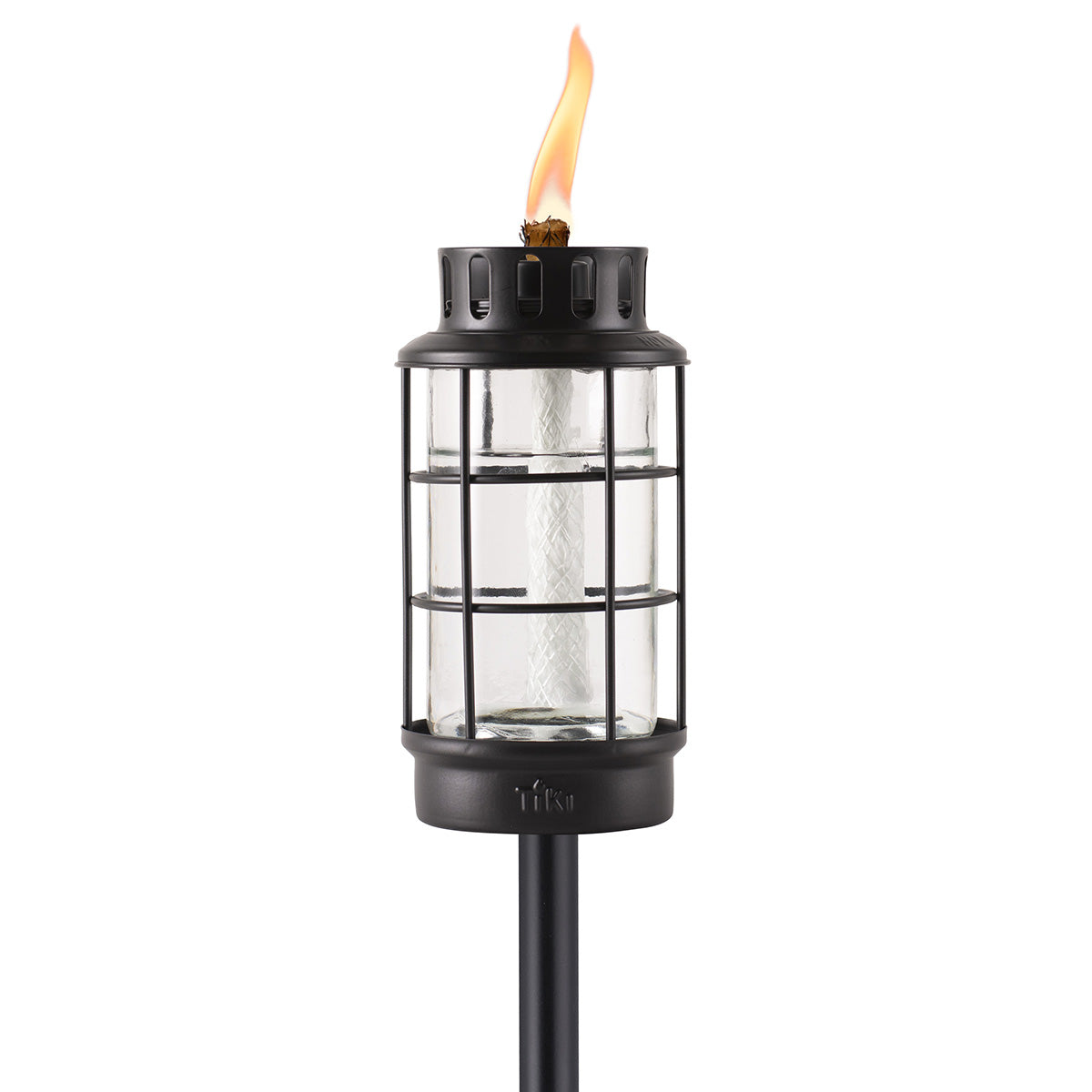 Black Tiki torch with glass cage and flame.