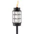 Black Tiki torch with glass cage and flame.