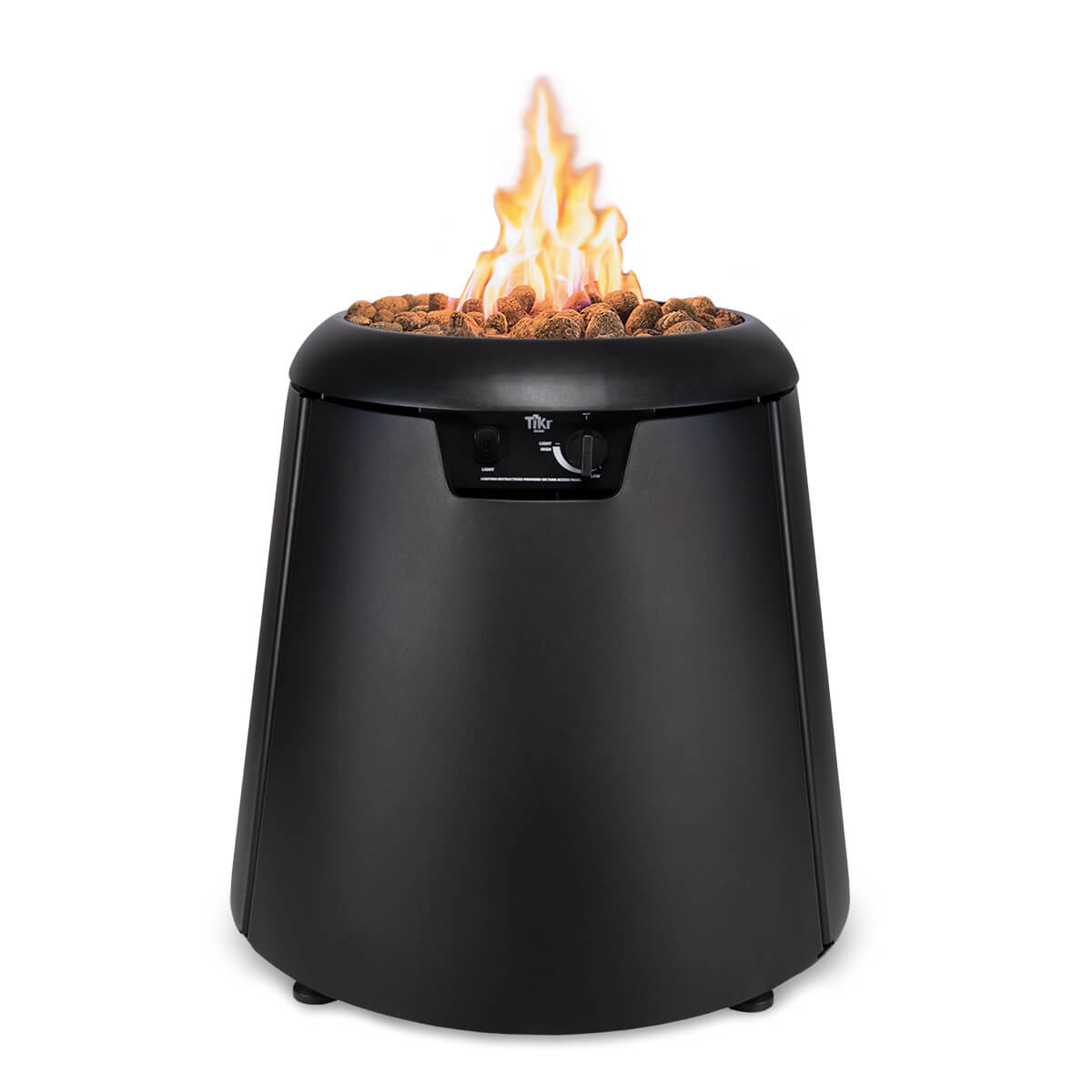 Black Tiki gas fire pit with adjustable flame and lava rocks.