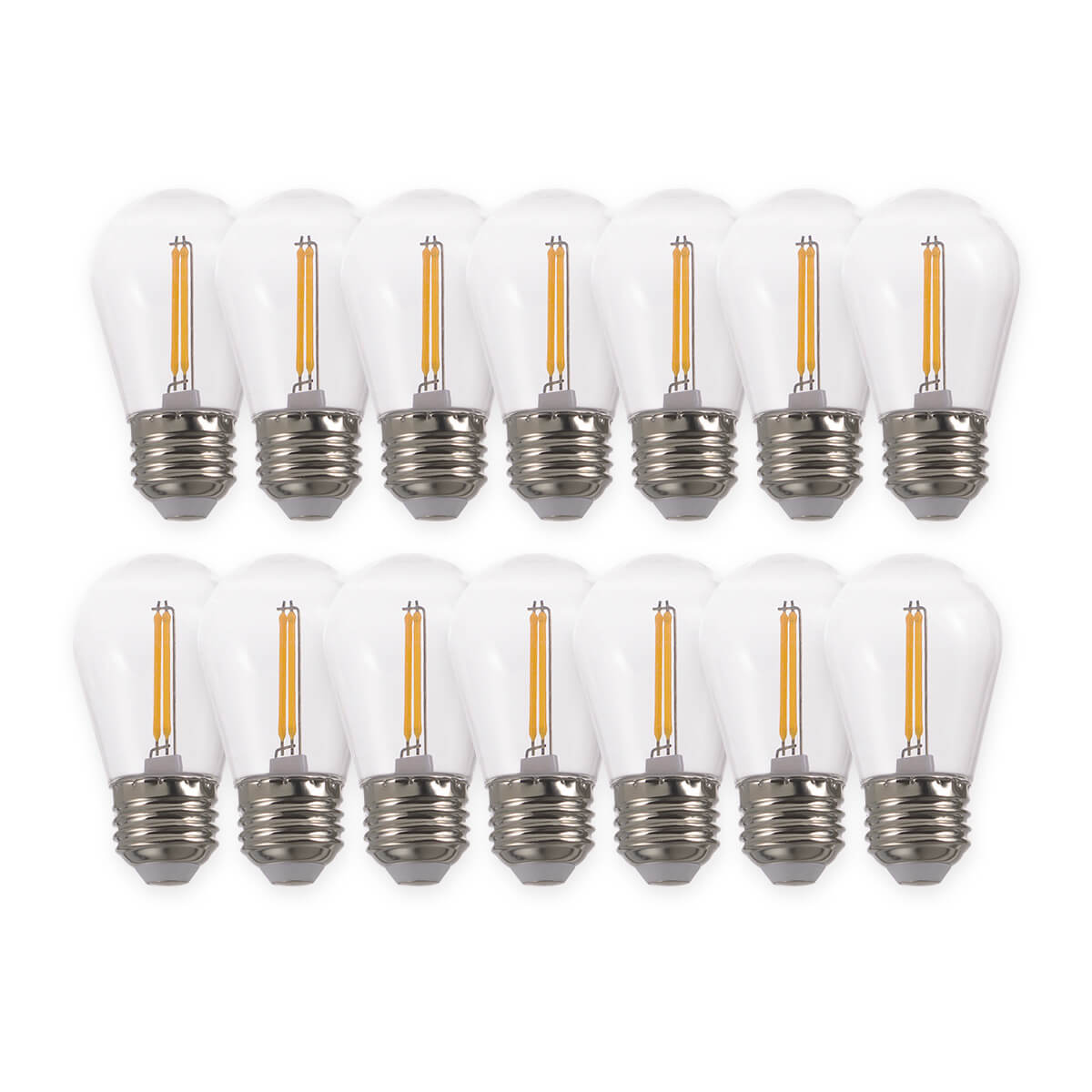 Set of 12 white LED filament bulbs with warm glow, E26 base.