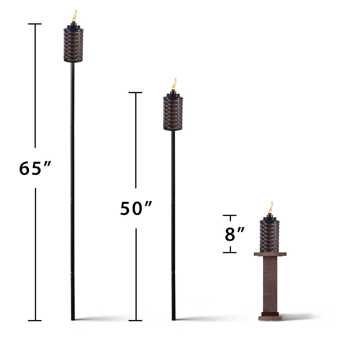 Tall black torches in 65", 50", and 8" sizes with flame details.