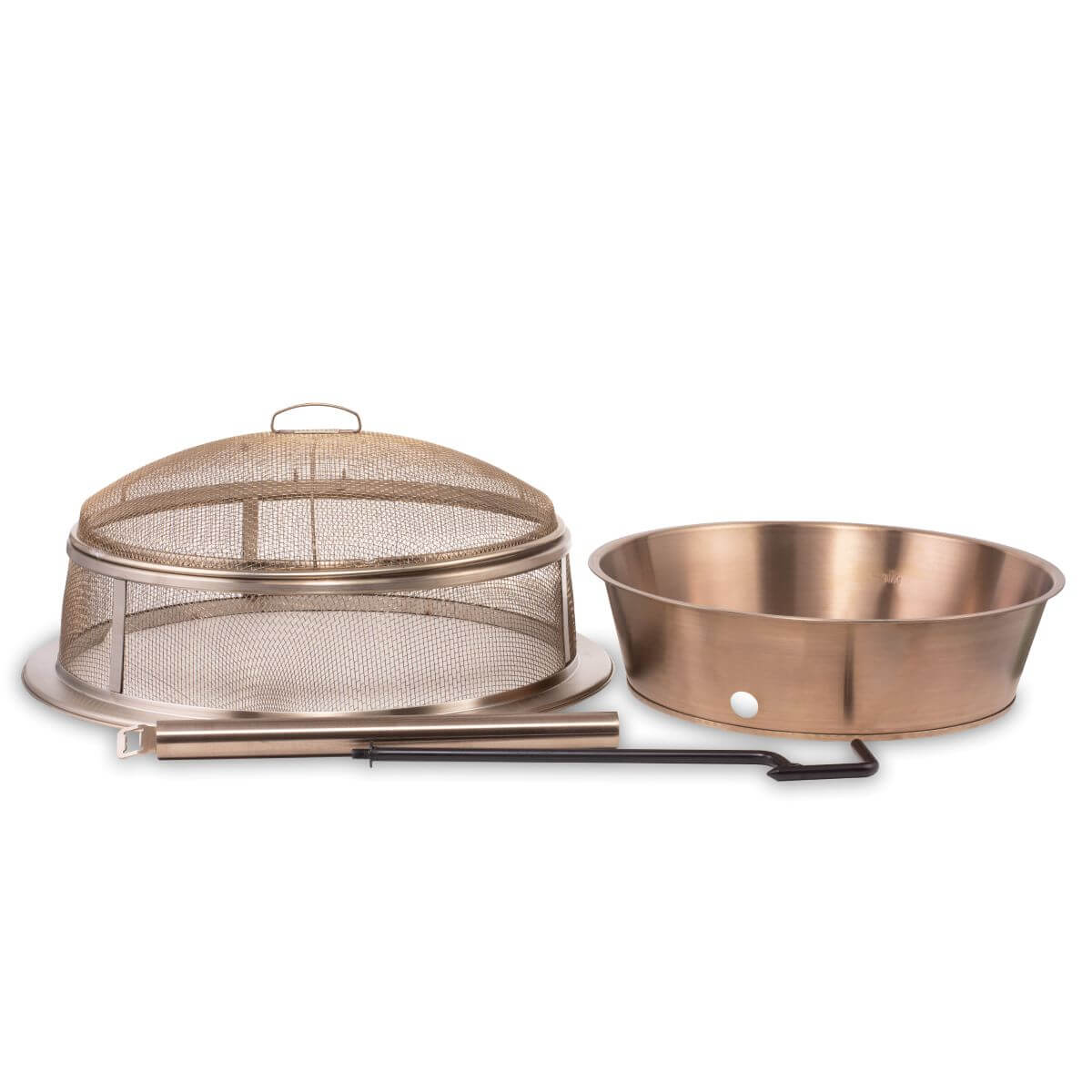 Bronze fire pit set with mesh cover, bowl, and poker.