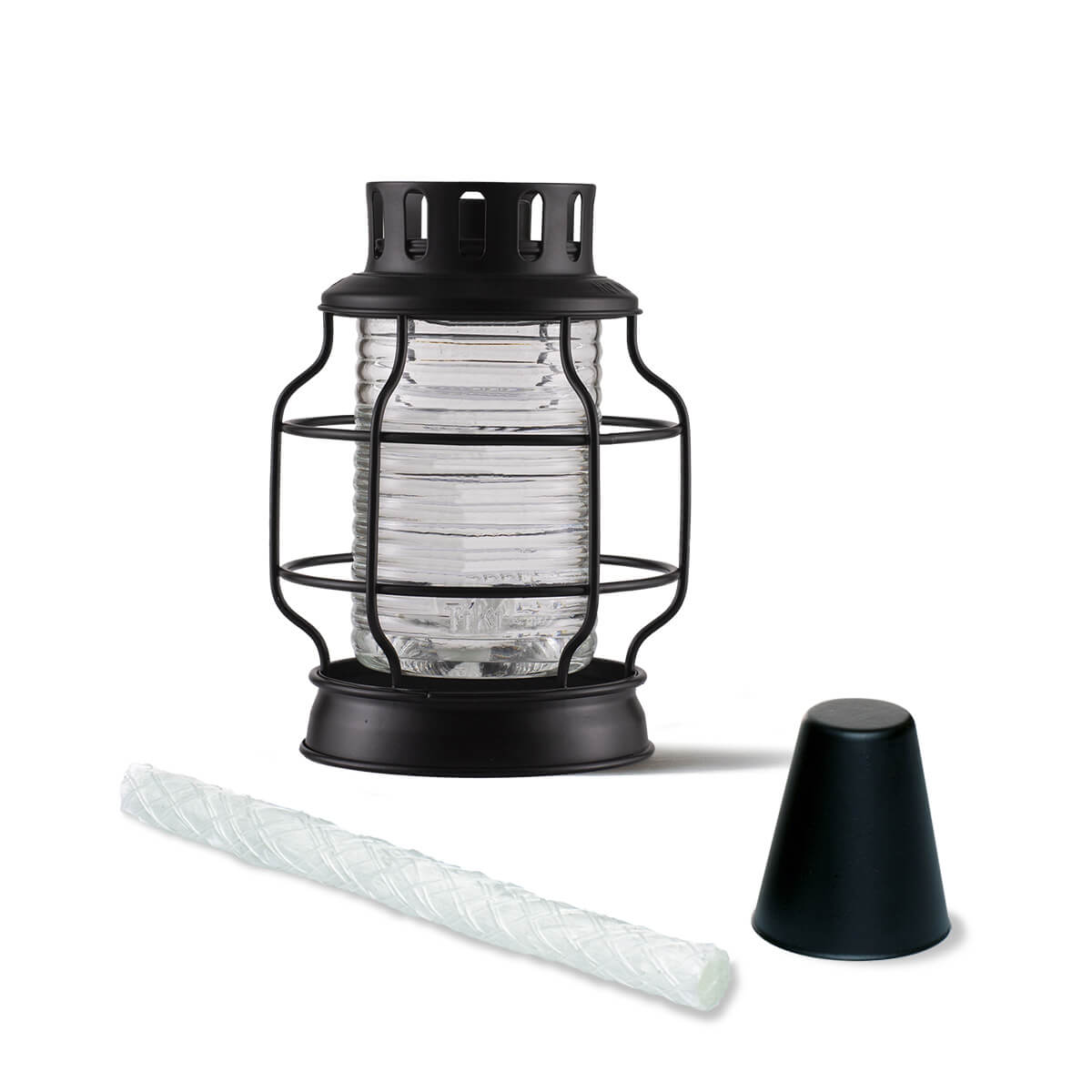 Black lantern with glass body and metal cage, includes white candle and base.