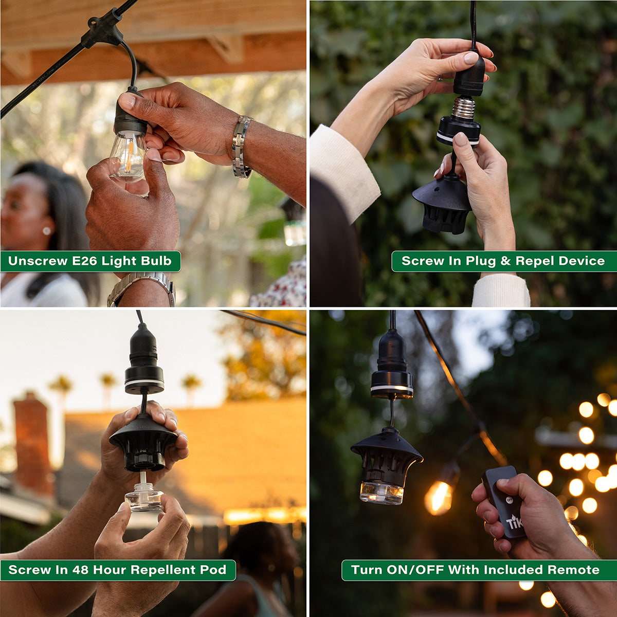 Black plug-and-play mosquito repellent light bulb system with remote control.