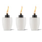 White Tiki torches with black caps and flame.