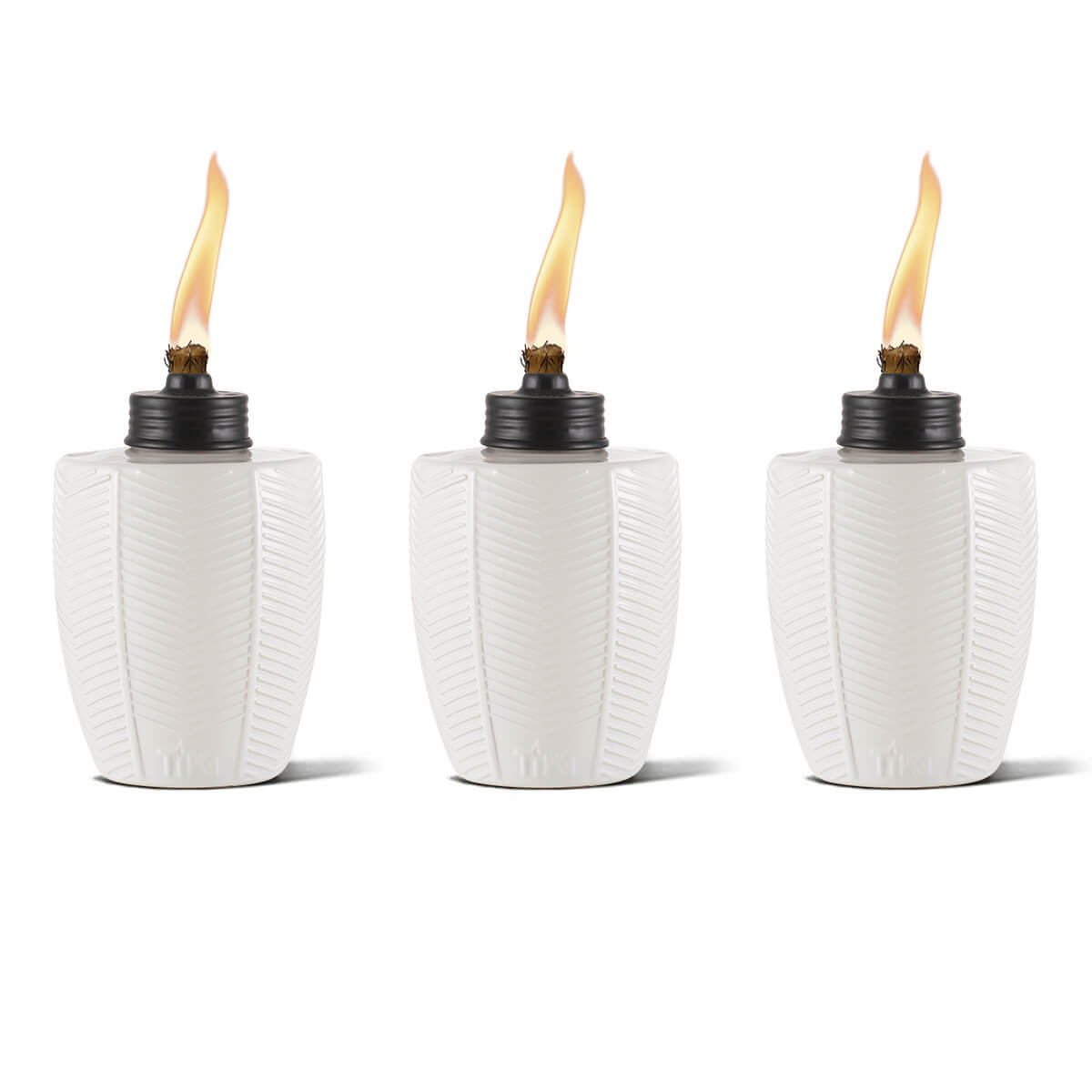 White Tiki torches with black caps and flame.