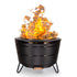 Black fire pit with roaring flames on stand.