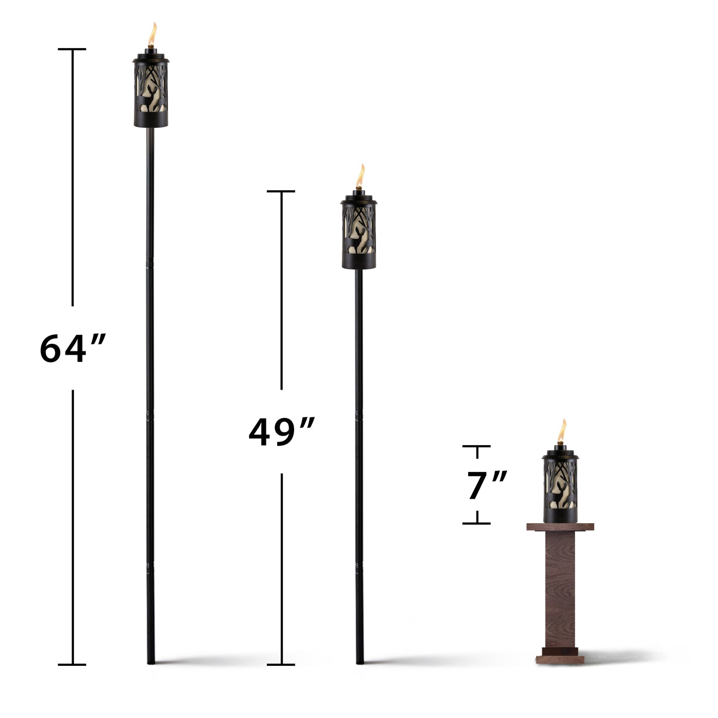 Black torches in three sizes: 64", 49", and 7".