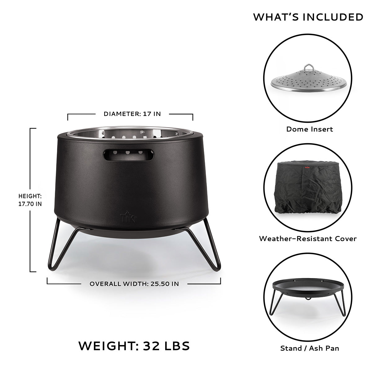Black TikTok fire pit with dome insert, weather-resistant cover, and stand/ash pan.